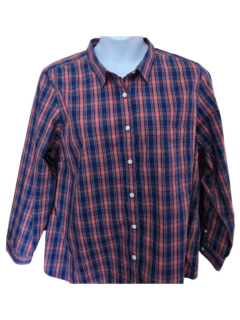 L.L. Bean Wrinkle-Free Button-Up Plaid Shirt Blue & Red cowgirl outdoor casual